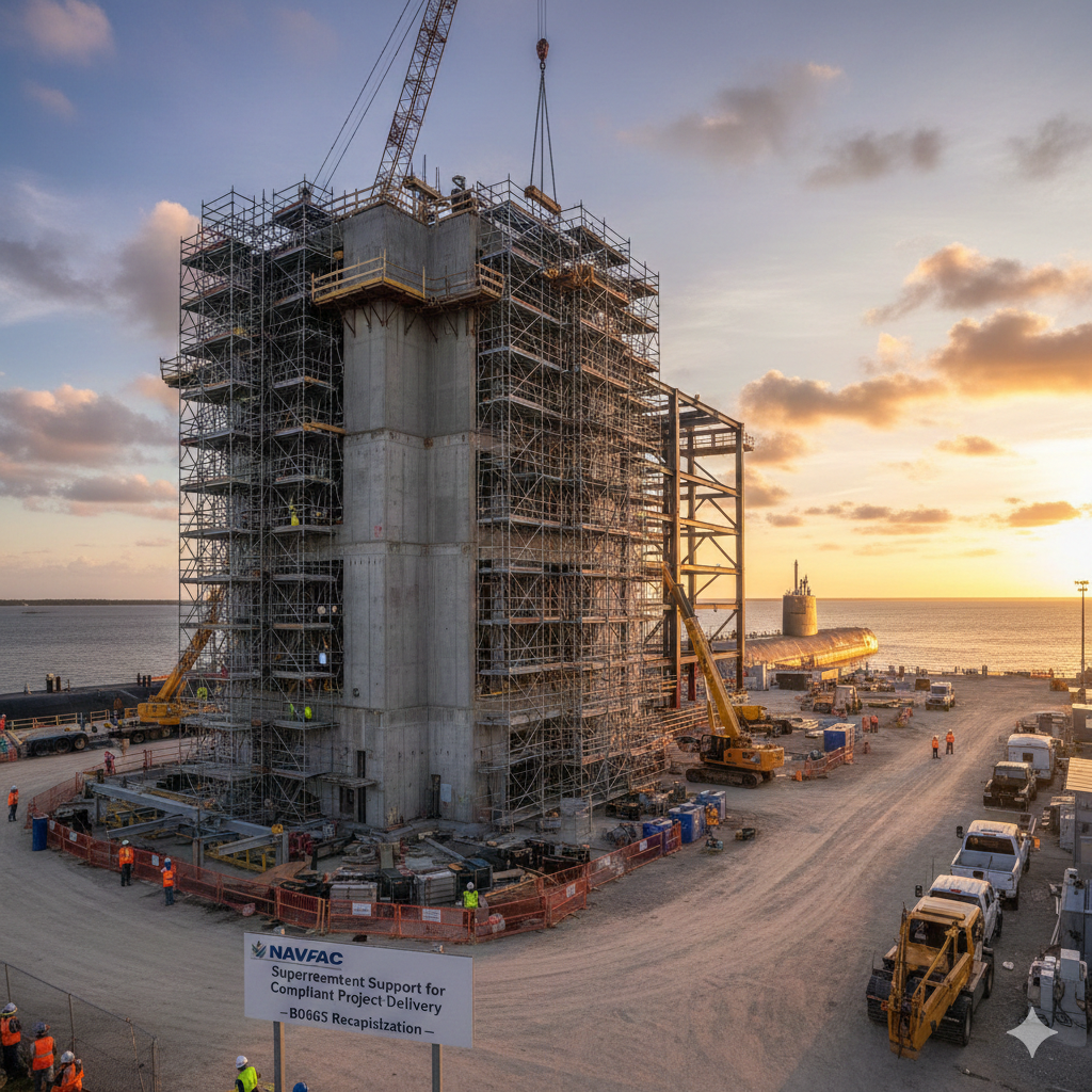 B5065 Dockside Handling Building recapitalization at Naval Submarine Base Kings Bay, providing NAVFAC Superintendent support for compliant project delivery.