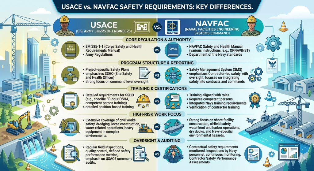 Learn the key differences between USACE NAVFAC safety requirements. Understand compliance, EM 385-1-1 standards,