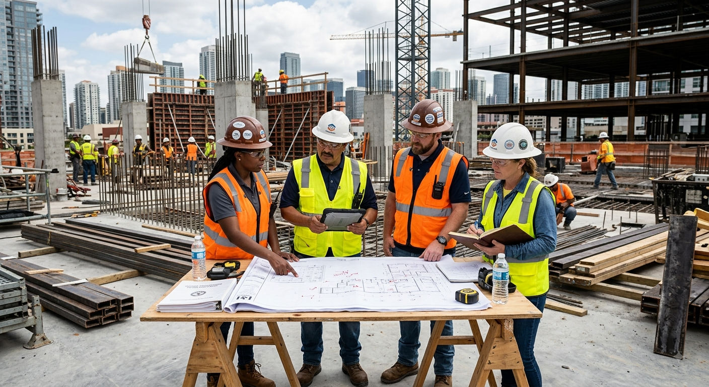 Construction Superintendent reviewing plans on an active jobsite